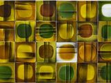 peinture représentant un motif multicolore composé de cercles et de rectangles jaunes, verts, marron et blancs