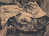 un dessin en noir et blanc représentant un chapeau et une paire de ciseaux posés sur une table
