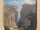 painting of a view of a cliff with a person walking on a path