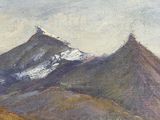 a painting of a mountain with a horse in the foreground