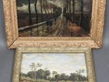 two framed paintings of a country road and a wooded landscape