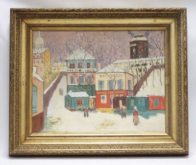 une image représentant un tableau représentant une rue enneigée, dans un cadre doré