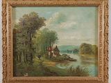an oil painting of a river scene with a boat in the foreground