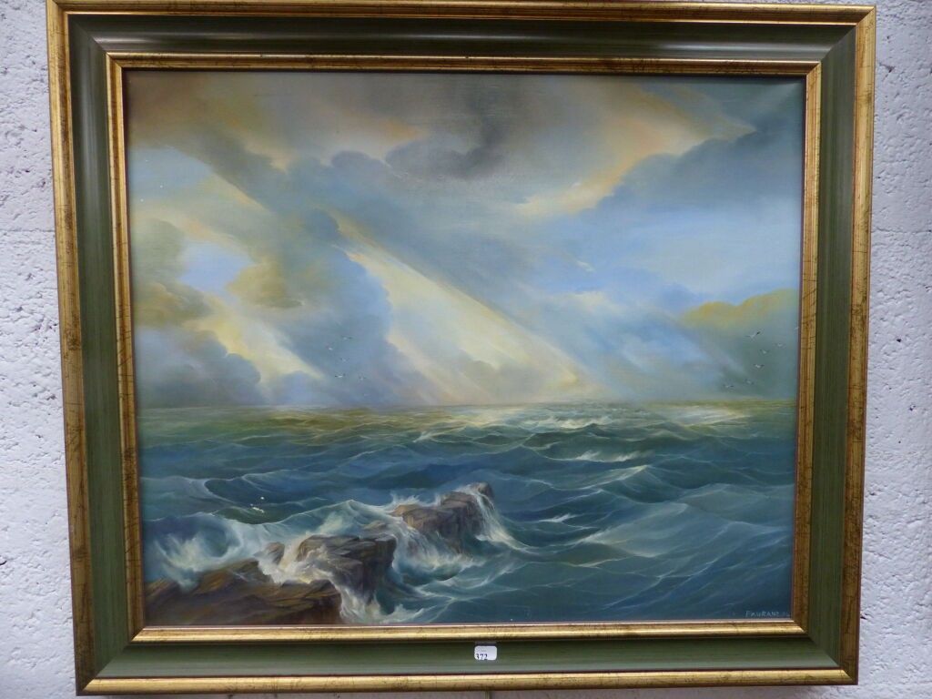 FAURANT - Mer formée au soleil couchant - huile sur toile signée en bas à droite - 46 x 55 cm