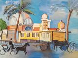 a painting of a horse drawn carriage in front of a building