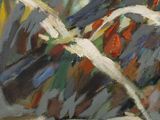 painting of a painting of a bunch of birds flying in the sky