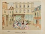 a drawing of a group of people dancing in front of a building