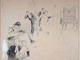 drawing of a group of people walking down a street next to a building