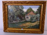 an oil painting of a house in a field with trees and bushes