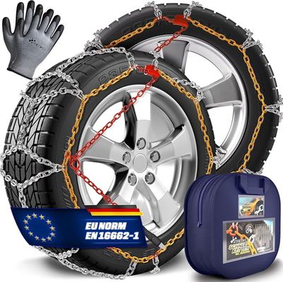 a pair of snow chains with a pair of gloves next to them