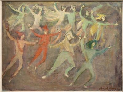 une peinture à l'huile représentant un groupe de personnes dansant en cercle