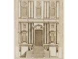 an old drawing of a building with a staircase leading up to the front door