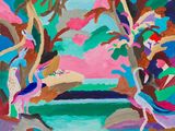 une peinture à l'huile représentant un paysage coloré avec des arbres et de l'eau