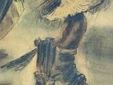a painting of a man walking with a bird on his head