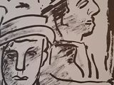 a black and white drawing of a man and a woman