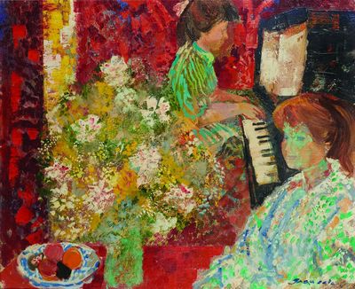 un tableau représentant deux femmes assises sur un canapé en train de jouer du piano