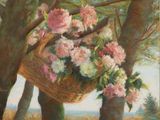 a painting of a basket of flowers hanging from a tree