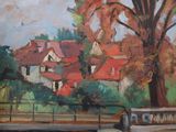a painting of a park bench in front of a house