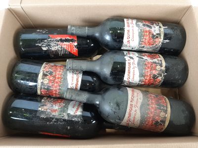 six bouteilles de vin sont posées sur une table dans un carton