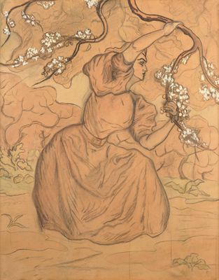 dessin représentant une femme assise sous un arbre, une fleur à la main