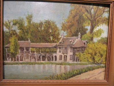 painting of a house by a river with a bridge in the foreground