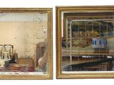 deux photos d'une pièce avec une fenêtre et un miroir