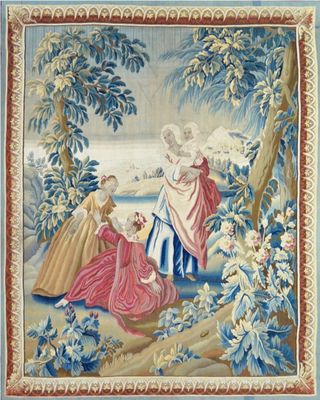 an image of a tapestry with a woman and two children