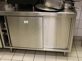a stainless steel counter with pots and pans on it