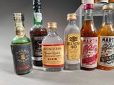 many different types of alcohol bottles lined up on a table