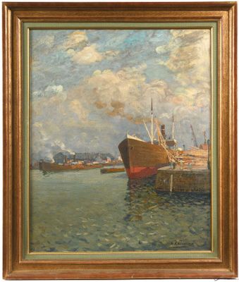 une peinture à l'huile représentant un bateau sur l'eau près d'un quai