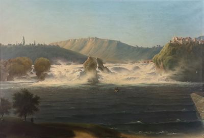 a painting of a large body of water with a mountain in the background