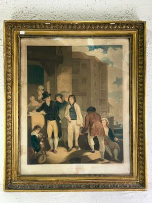 tableau encadré représentant un groupe d'hommes debout devant un bâtiment