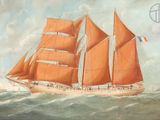 painting of a sailing ship in the ocean with people on board