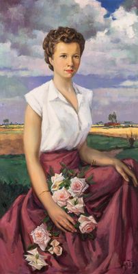 tableau représentant une femme assise dans un champ, tenant un bouquet de fleurs