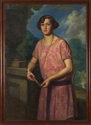 painting of a woman in a pink dress holding a book
