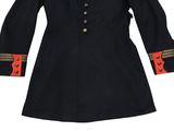 a black coat with red and gold trims and buttons