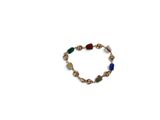 a close up of a bracelet with beads and stones on a white background