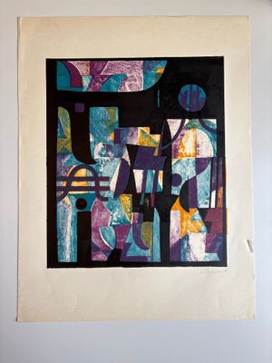 peinture abstraite représentant un homme et une femme dans une pièce bleue