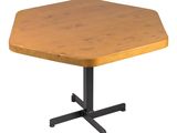 an image of a wooden table with a black metal base