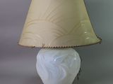 a lamp that is sitting on a table with a lamp shade on it