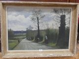 une photo d'un tableau représentant un homme marchant sur une route de campagne