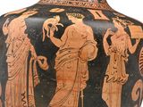 a vase that has a picture of a man and a woman on it