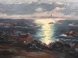 painting of a view of the ocean with a lighthouse in the distance