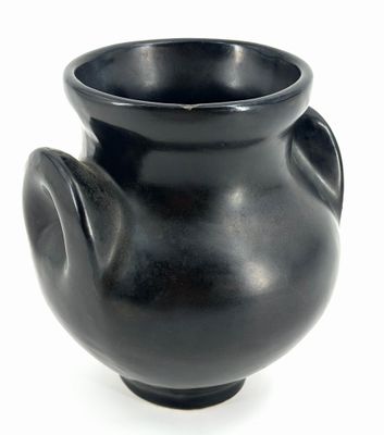 a black vase that is sitting on a white surface