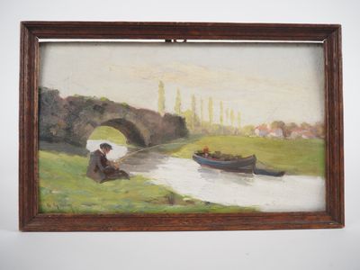un tableau représentant un homme assis dans l'herbe au bord d'une rivière
