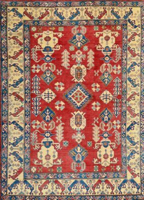 a red and blue rug with an ornate design