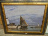 painting of a sailboat in a harbor with a lighthouse in the background