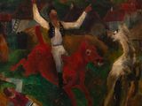 tableau représentant un homme à cheval dans un champ, en compagnie d'autres personnes