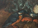painting of two birds on a rock by a stream with a bird in the foreground