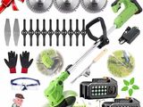 a group of tools including a hedger, chainsaw, and other items